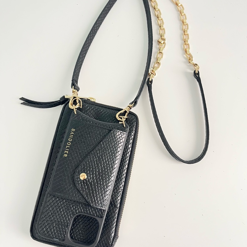 Bandolier Black Leather Crossbody IPhone Case and Pouch with Gold Chain - Picture 2 of 10